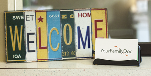 A welcome sign on the front counter.